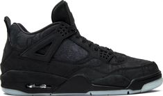 The black colorway of the KAWS x Air Jordan 4 Retro, released in November 2017, offers a striking continuation of the celebrated collaboration between Jordan Brand and renowned Brooklyn artist KAWS. Following the success of the grey version launched earlier that year, this edition features an all-black suede upper, exuding a luxurious, premium feel. The subtle tonal print across the upper showcases KAWS' signature style, depicting the cartoon hands of his iconic Companion figure, creating an und Campus Adidas, Jordan 4 Black, Tonal Prints, Tinker Hatfield, Sneakers Vans, Fresh Sneakers, Nike Classic, Jordan 4 Retro, Air Jordan 4