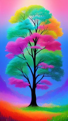 an abstract painting of a tree with multicolored leaves