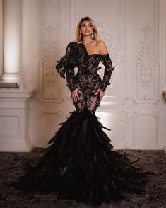 Taxes + Shipping included! Luxury Dresses For Celebration, Luxury Black Festive Gown, Luxury Dramatic Party Dress, Luxury Black Glamorous Dress, Luxury Glamorous Celebration Dress, Luxury Glamorous Evening Dress With Feathers, Luxury Edgy Evening Dresses, Luxury Black Dress With Folds, Luxury Chic Black Dress