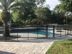 a fenced in swimming pool surrounded by trees and grass with a palm tree next to it