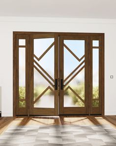 an open wooden double door with glass panels on the inside and outside doors, in front of a white wall