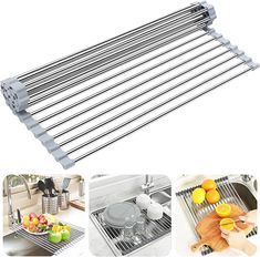 four stainless steel drying racks over the sink with fruit and utensils on it