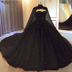 Black Wedding Dresses · MychicDress · Online Store Powered by Storenvy Batman Quinceanera, Gothic Batman, Wedding Dress With Cape, Black Lace Prom Dress, Detachable Cape, Mermaid Ball Gown, Quinceanera Planning, Black Ball Gown, Dress With Cape