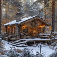 a cabin in the woods with snow on the ground