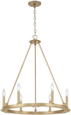 a brass chandelier with five lights hanging from the bottom and one light on top