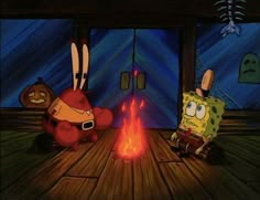 two cartoon characters sitting around a fire in the middle of a wooden floored room