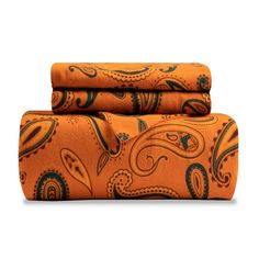 an orange and blue paisley print sheet set