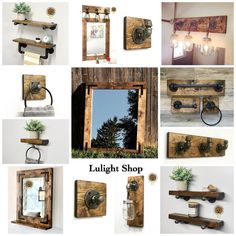 multiple pictures of various items made out of wood and metal with the words lullight shop above them