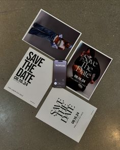 three pamphlets and a cell phone sitting on the ground next to each other with black text