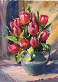 a painting of red tulips in a blue vase