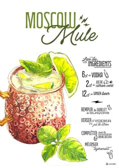 a menu for a moscow mule cocktail with limes and mint leaves on the side