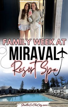 two women standing next to each other in front of a pool with the words family week at miraval resort spa