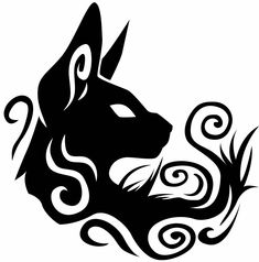 a black and white drawing of a dog's head with swirls on it