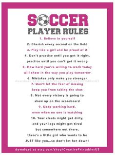 a soccer player rules poster with pink and white background