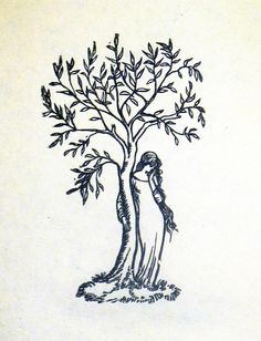 a drawing of two people standing next to a tree