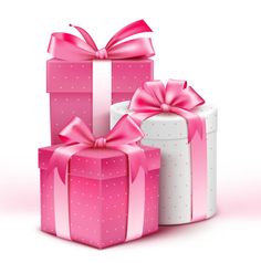 three gift boxes with pink bows and ribbons