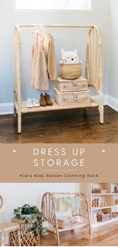 the dress up storage bench is made out of wood and has clothes hanging on it