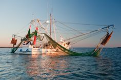 a fishing boat in the water with flags on it's masts and nets