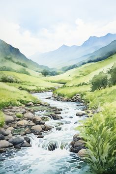 a painting of a stream running through a lush green valley