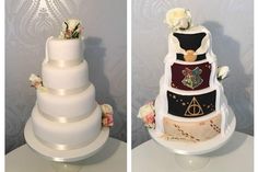 two wedding cakes are stacked on top of each other and decorated with flowers, ribbons and brooches