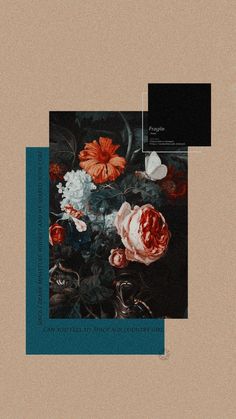 an image of flowers in a vase on a brown and teal colored paper background