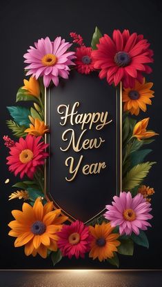 a happy new year card with colorful flowers