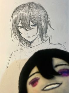 a drawing of an anime character next to a doll's head and another person's face