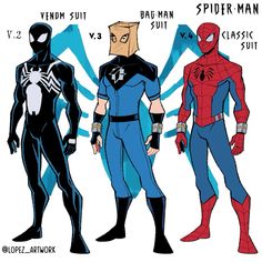 three different types of spider - man costumes