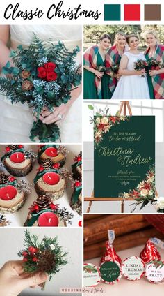 a collage of photos with red candles and green christmas decorations, including pine cones