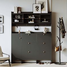 a living room with a chair, bookshelf and other items on the shelves