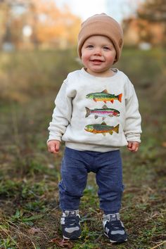 Toddler Trout Crewneck Sweatshirt Children's Fish Shirt Gender Neutral Children's Clothing Kids Fishing Shirt Kids Nature Clothing - Etsy Toddler Winter Outfits Boy, Country Toddler Boy, Boys Holiday Outfits, Levi Outfits, Gifts For Toddler Boys, Outdoorsy Kids, Nature Clothing, Baby Boy Style, Boys Fall Fashion