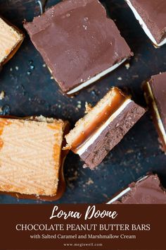 chocolate peanut butter bars with salted caramel and marshmallow cream