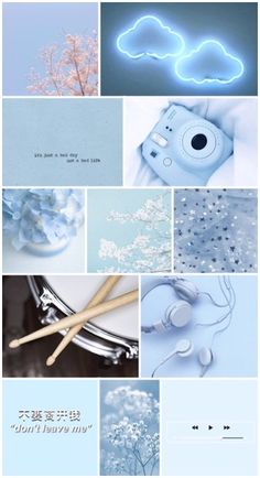 an image of blue and white collage with clouds, snowflakes, headphones