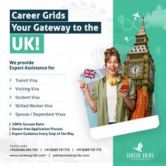 a woman holding a piece of fruit in front of a clock tower with the words career grids your gateway to the uk