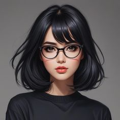 a woman with black hair and glasses on her face