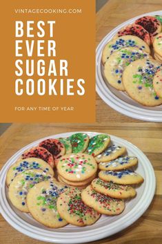 two plates filled with cookies and sprinkles on top of a wooden table