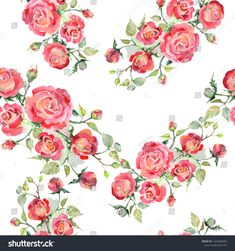 watercolor roses on white background with green leaves and flowers for wallpaper or fabric