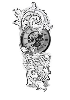 a drawing of a clock with an ornate design on it