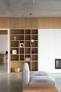 a living room with a couch, book shelf and fire place in it's center