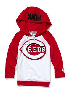 a red and white hoodie with the word reds on it's chest, in front of a white background