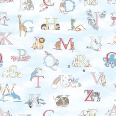 sample fun alphabet blue wallpaper from the just 4 kids 2 collection by galerie wallcoverings 1 Letter Animals, Glitter Wall, Alphabet Wallpaper, W Wallpaper, Play Spaces, Wallpaper Rolls, Wallpaper Collection, Cole And Son, Burke Decor