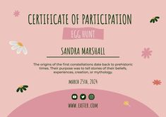 a pink poster with flowers on it and the words, certificate of appreciation egg hunt sanda masalai