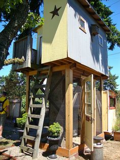 a small wooden structure with a ladder to the top and stairs leading up to it