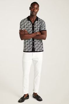 Hudson Cabana Sweater Polo | Bonobos Collared Jacquard Knit Top, Casual White Knit Shirt, Chic Cotton Shirt For Layering, Jacquard Knit Collared Top, Cotton Jacquard Knit Short Sleeve Tops, Summer Button-up Tops In Textured Knit, White Knit Button-up Top, Summer Casual Jacquard Knit Tops, Casual Jacquard Knit Tops For Summer