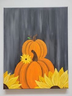 an acrylic painting of pumpkins and sunflowers