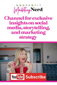 a woman in red dress holding up a pink toothbrush with the words channel for exclusively engaging media, story telling and marketing strategy