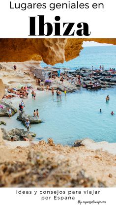 people are swimming in the blue water near rocks and cliffs, with text overlay that reads