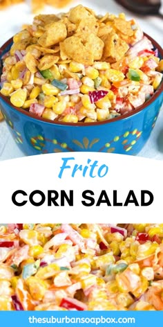 corn salad in a blue bowl with the words frito corn salad on top and bottom