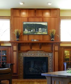 a living room filled with furniture and a fire place in front of a painting on the wall