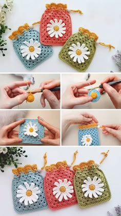 crocheted purses with flowers are shown in four different pictures, including one being made